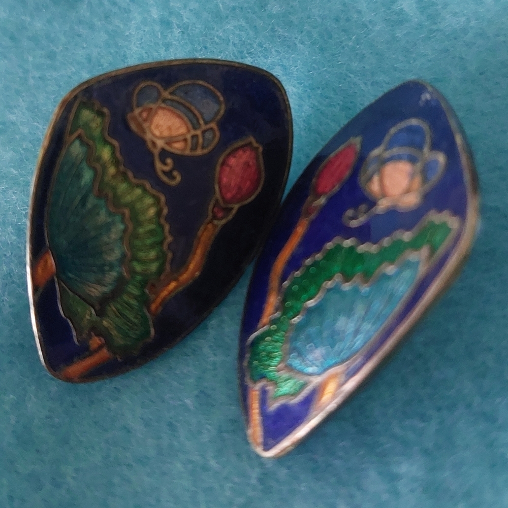 Cloisonné Enamel Butterfly Lotus Flower Vintage Pierced Earrings, Estate Jewelry